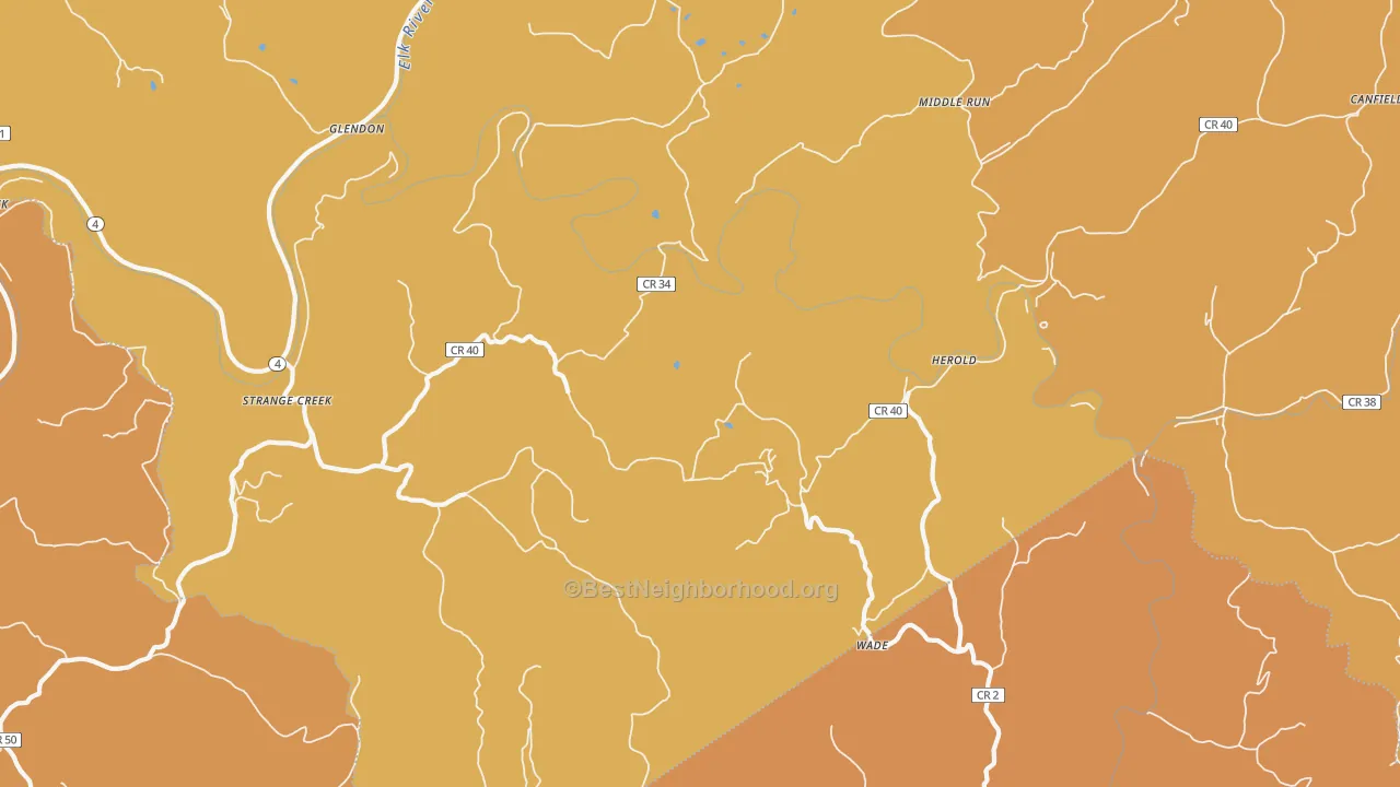 Map of the best neighborhoods in the Strange Creek area, with better matches in green and worse matches in red