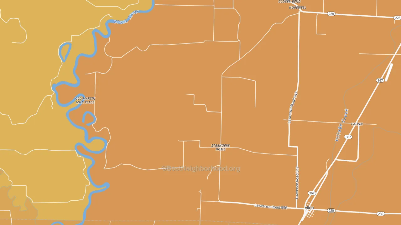 Map of the best neighborhoods in the Strangers Home area, with better matches in green and worse matches in red