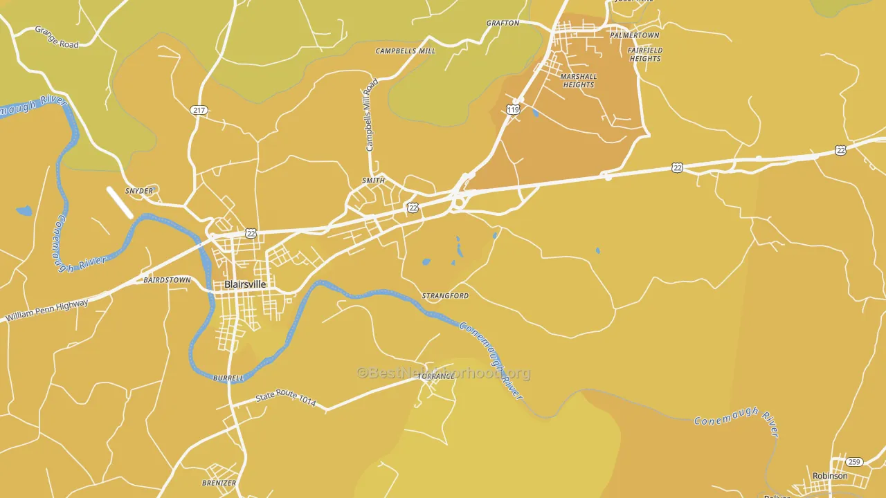 Map of the best neighborhoods in the Strangford area, with better matches in green and worse matches in red
