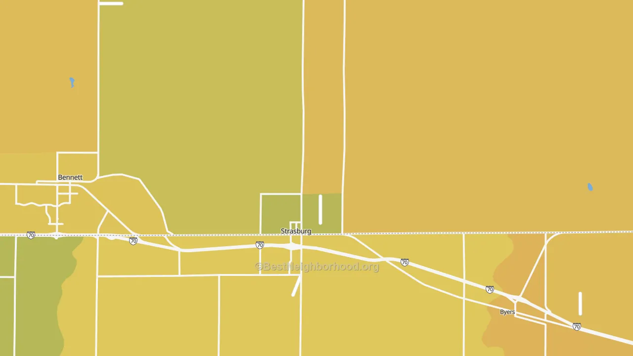 Map of the best neighborhoods in the Strasburg area, with better matches in green and worse matches in red