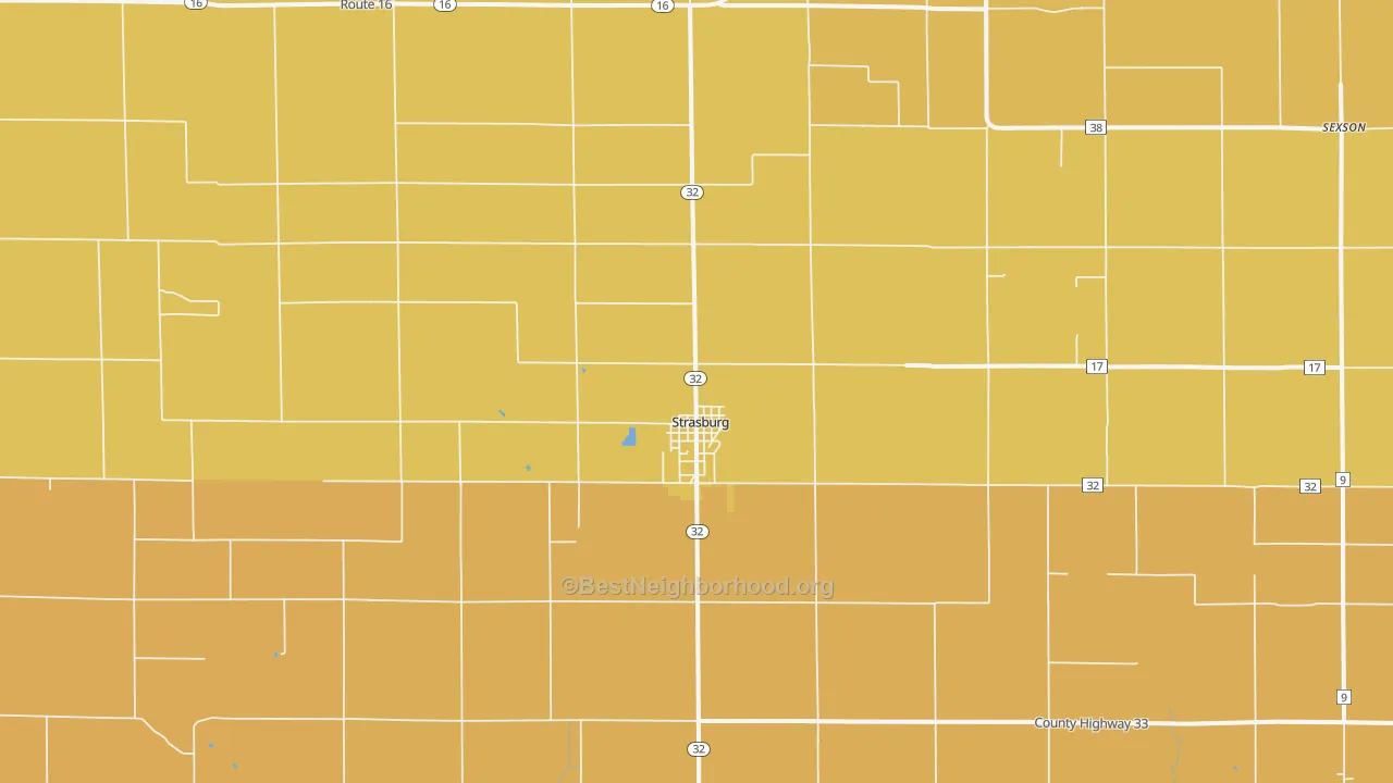 Map of the best neighborhoods in the Strasburg area, with better matches in green and worse matches in red
