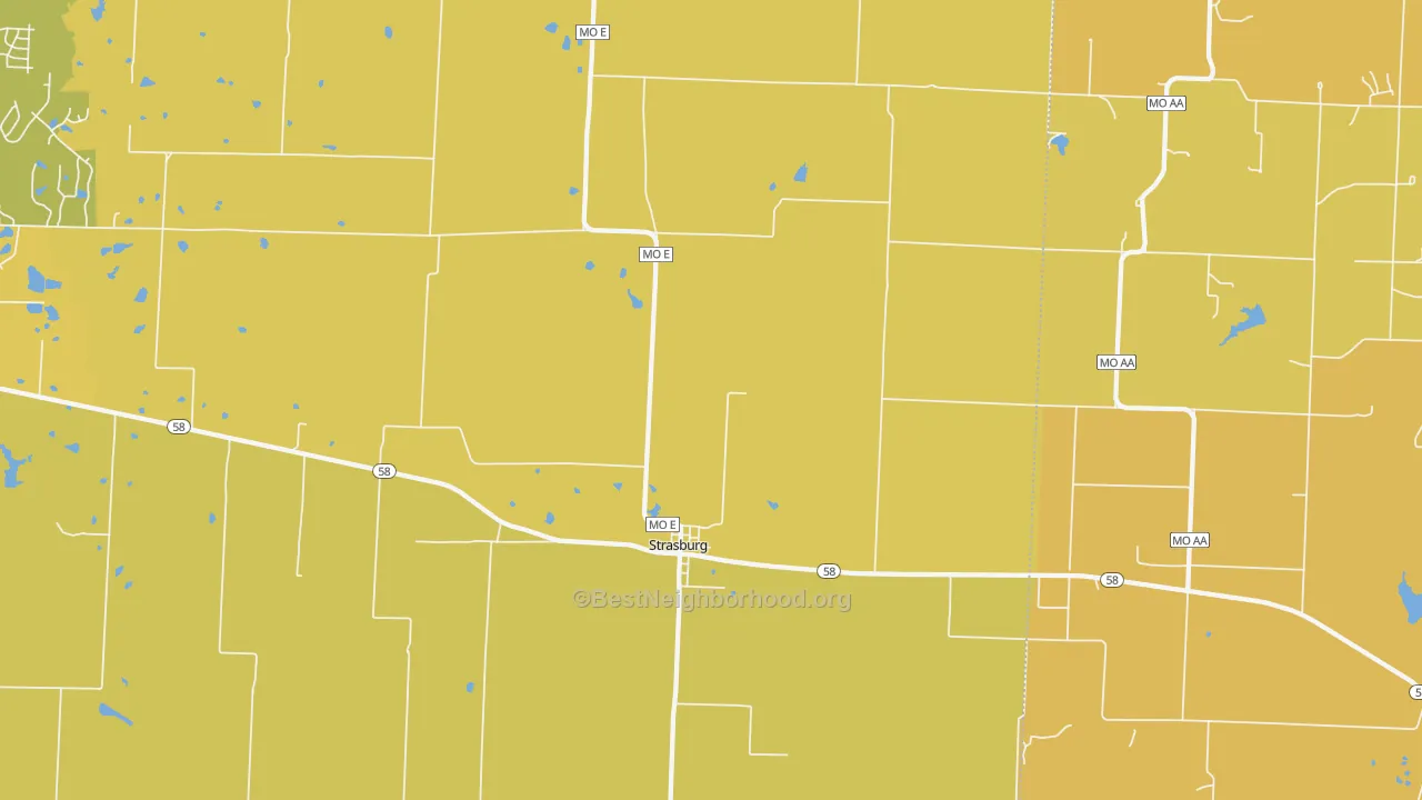 Map of the best neighborhoods in the Strasburg area, with better matches in green and worse matches in red