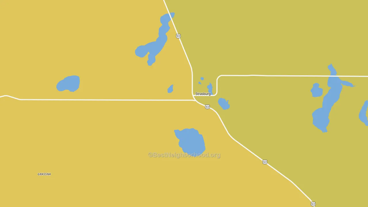 Map of the best neighborhoods in the Strasburg area, with better matches in green and worse matches in red