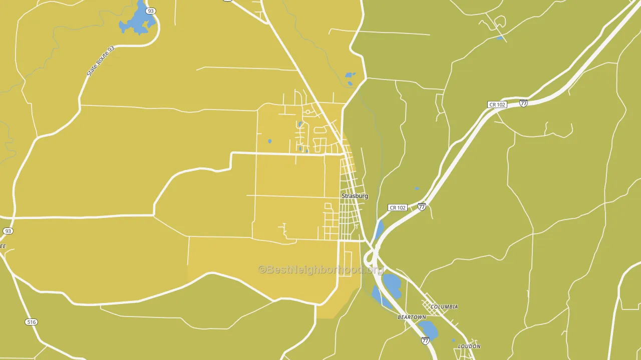 Map of the best neighborhoods in the Strasburg area, with better matches in green and worse matches in red