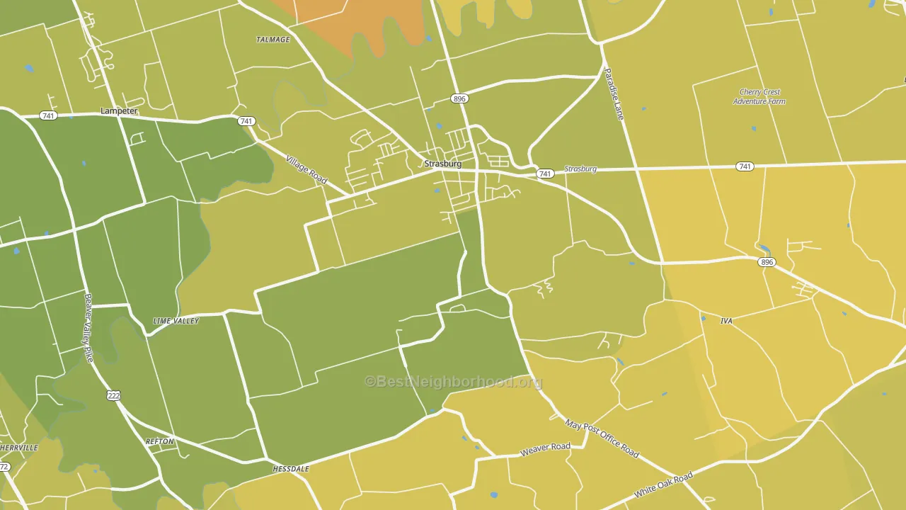 Map of the best neighborhoods in the Strasburg area, with better matches in green and worse matches in red