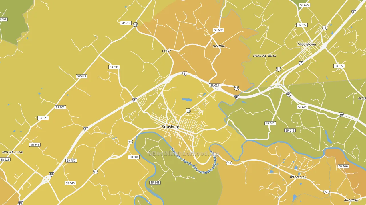 Map of the best neighborhoods in the Strasburg area, with better matches in green and worse matches in red