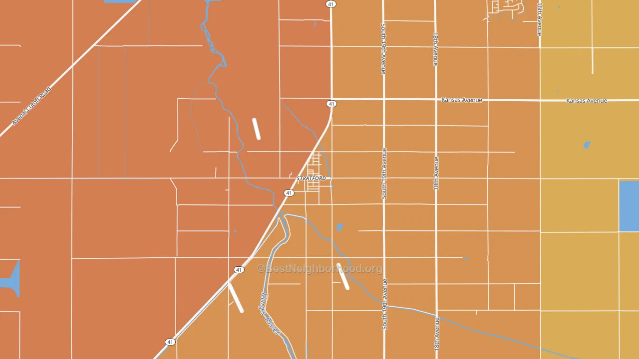 Map of the best neighborhoods in the Stratford area, with better matches in green and worse matches in red