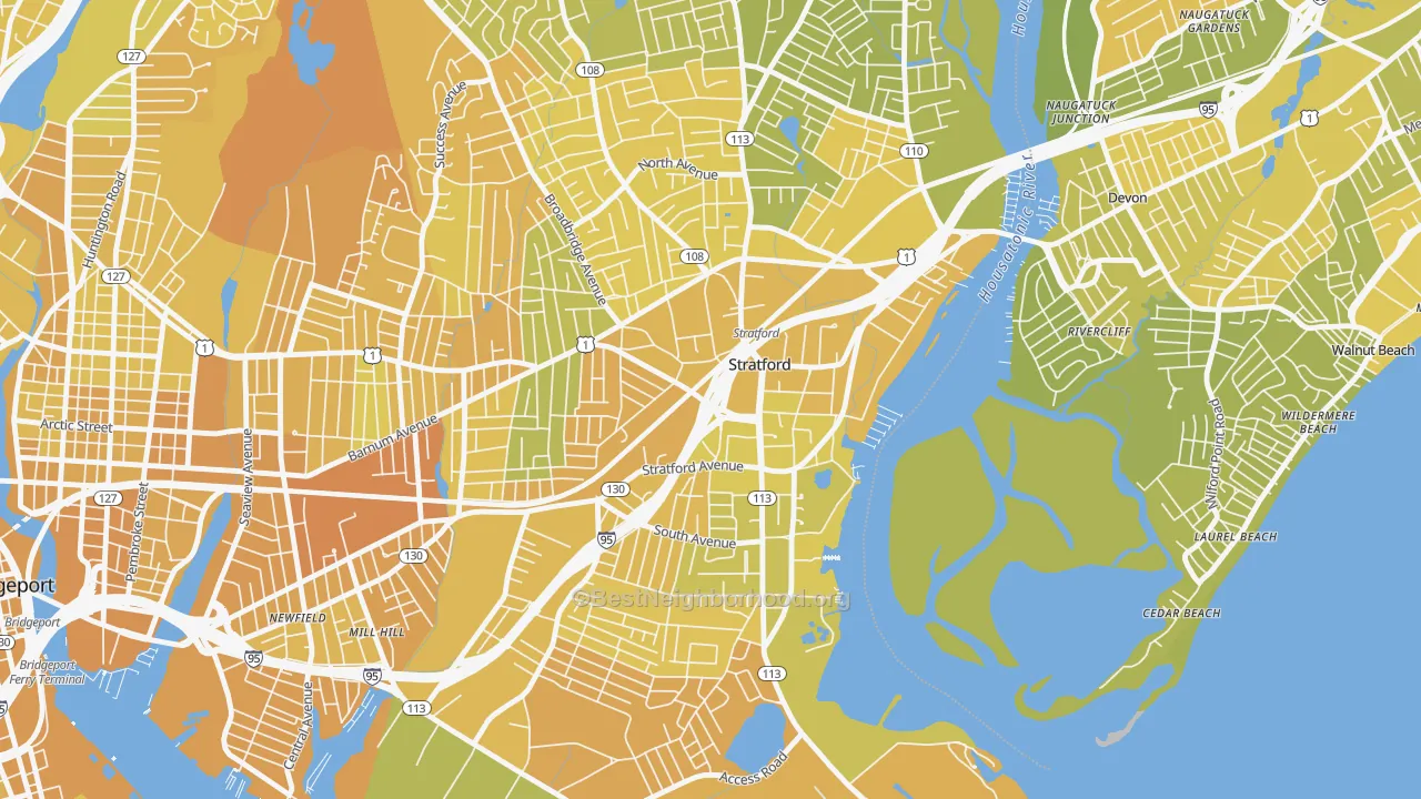 Map of the best neighborhoods in the Stratford Center Historic District, Stratford area, with better matches in green and worse matches in red