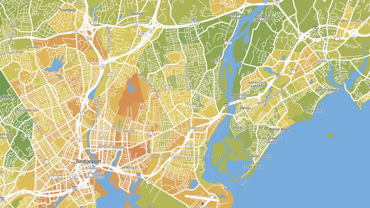 Map of the best neighborhoods in the Stratford area, with better matches in green and worse matches in red