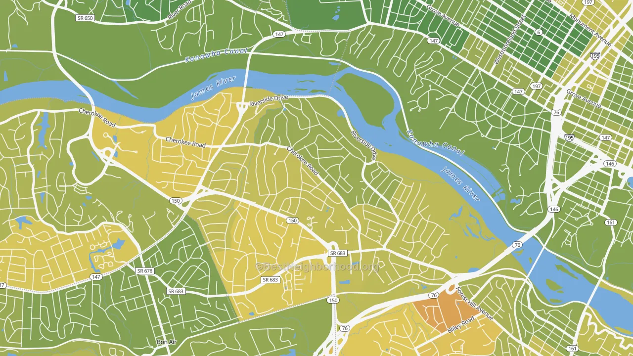 Map of the best neighborhoods in the Stratford Hills, Richmond area, with better matches in green and worse matches in red