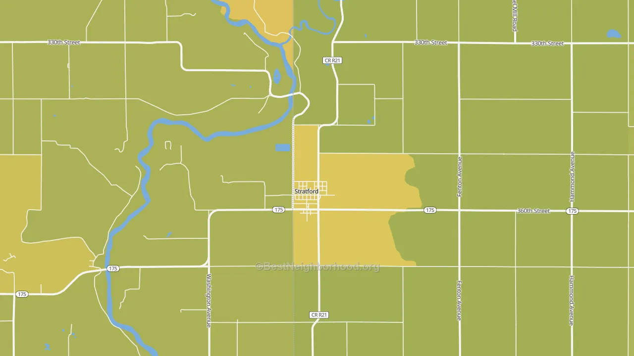 Map of the best neighborhoods in the Stratford area, with better matches in green and worse matches in red