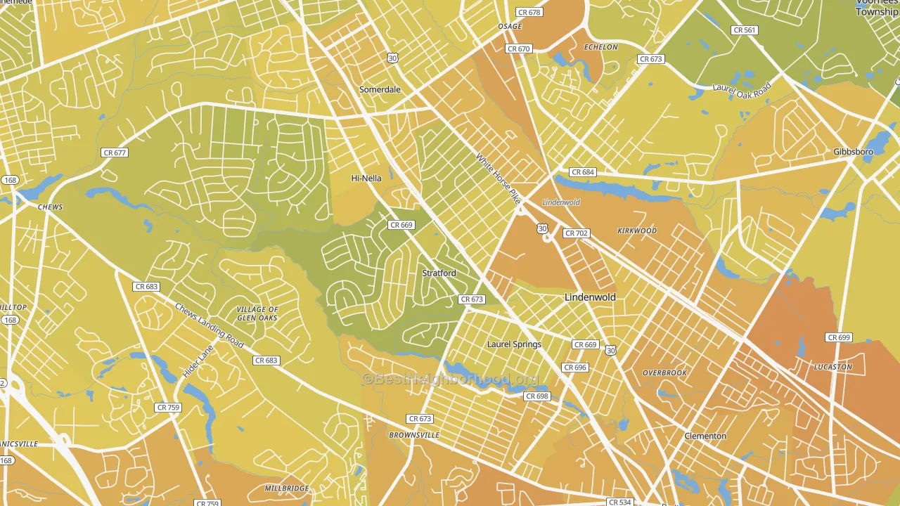 Map of the best neighborhoods in the Stratford area, with better matches in green and worse matches in red