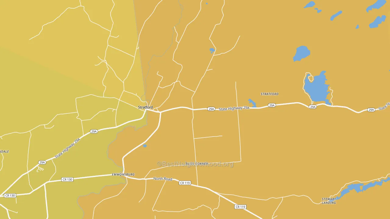 Map of the best neighborhoods in the Stratford area, with better matches in green and worse matches in red