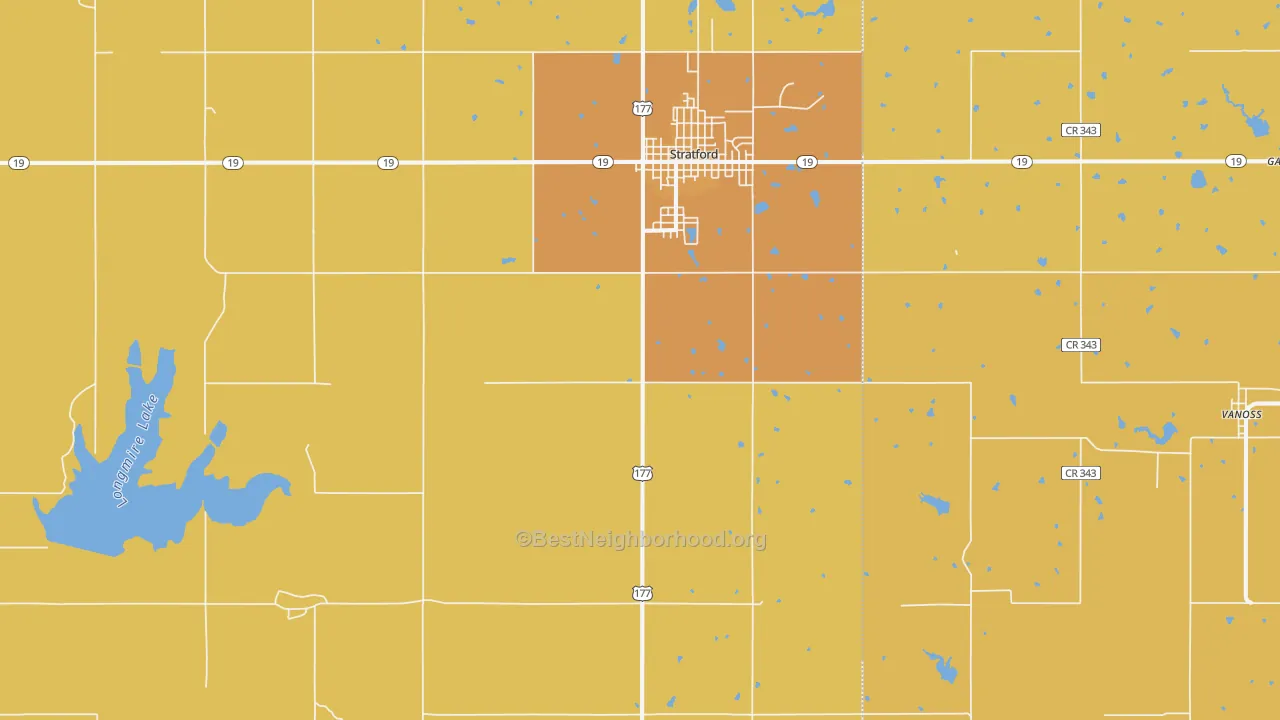 Map of the best neighborhoods in the Stratford area, with better matches in green and worse matches in red