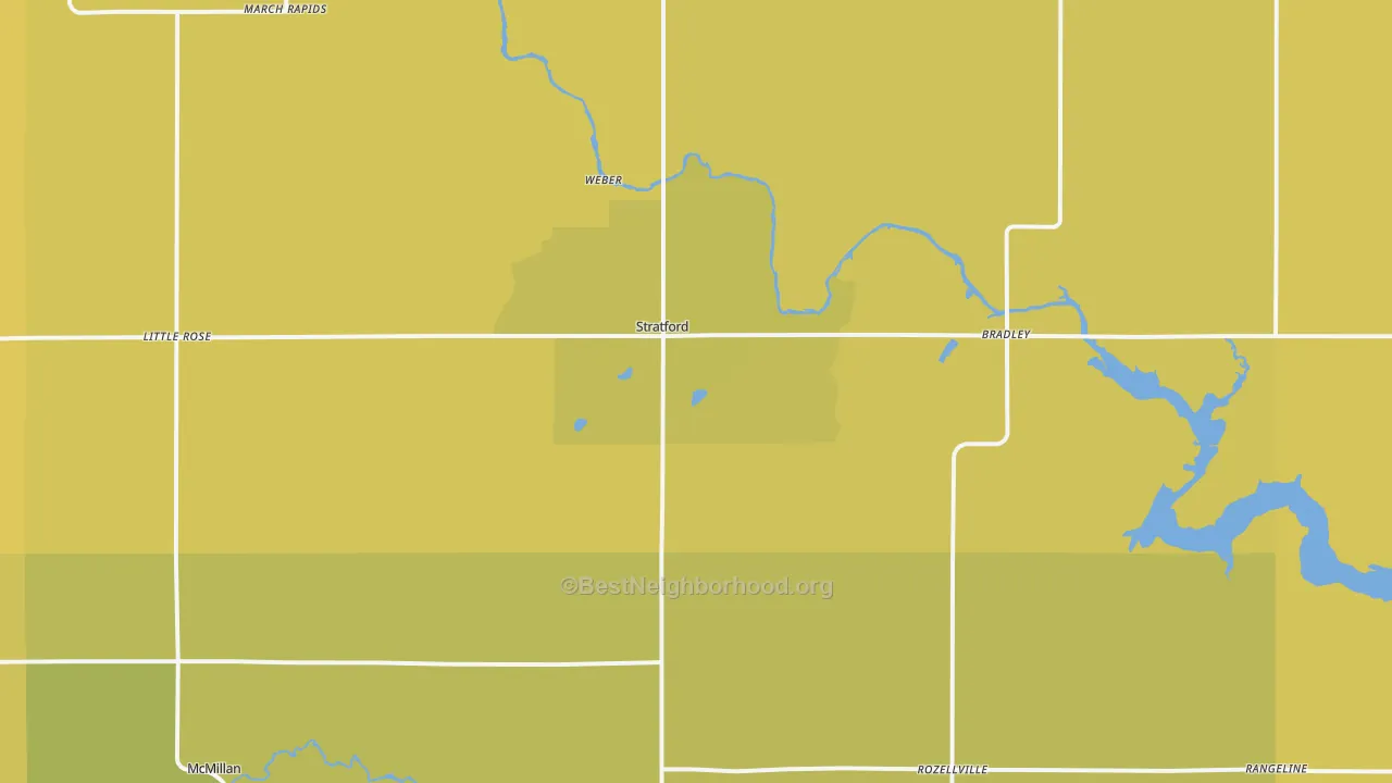 Map of the best neighborhoods in the Stratford area, with better matches in green and worse matches in red