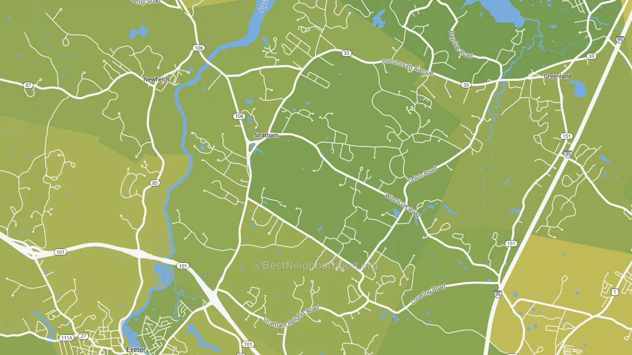 Map of the best neighborhoods in the Stratham area, with better matches in green and worse matches in red