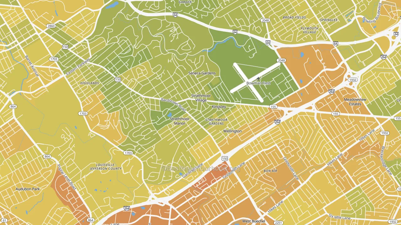 Map of the best neighborhoods in the Strathmoor Village area, with better matches in green and worse matches in red