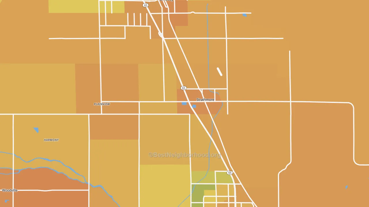 Map of the best neighborhoods in the Strathmore area, with better matches in green and worse matches in red