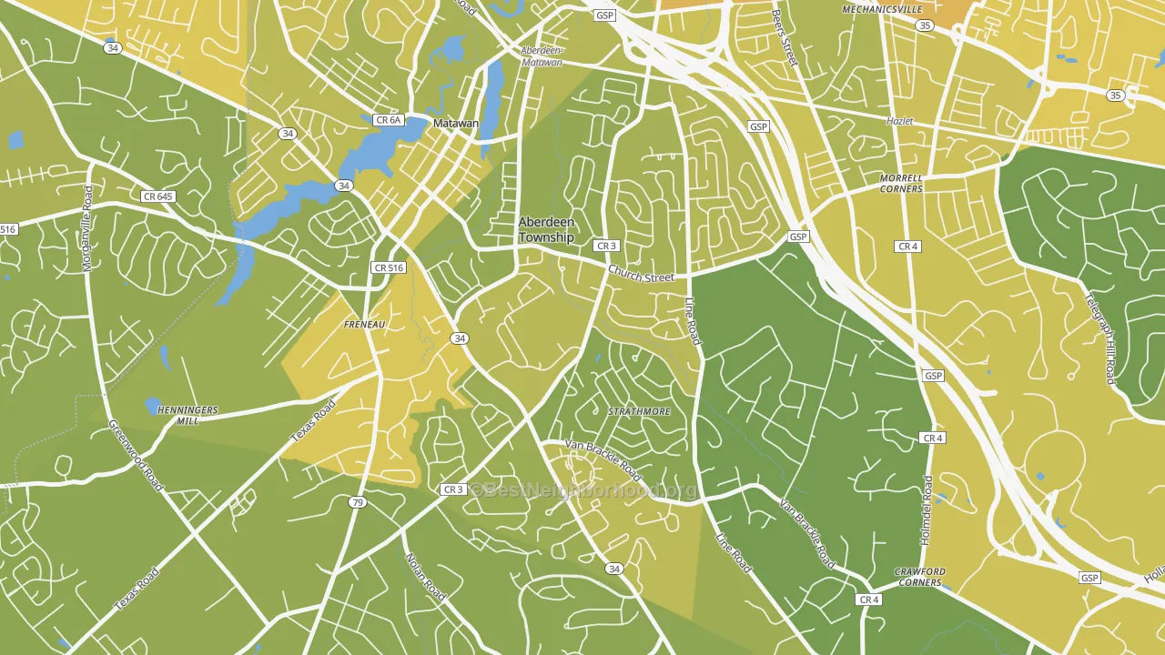 Map of the best neighborhoods in the Strathmore area, with better matches in green and worse matches in red
