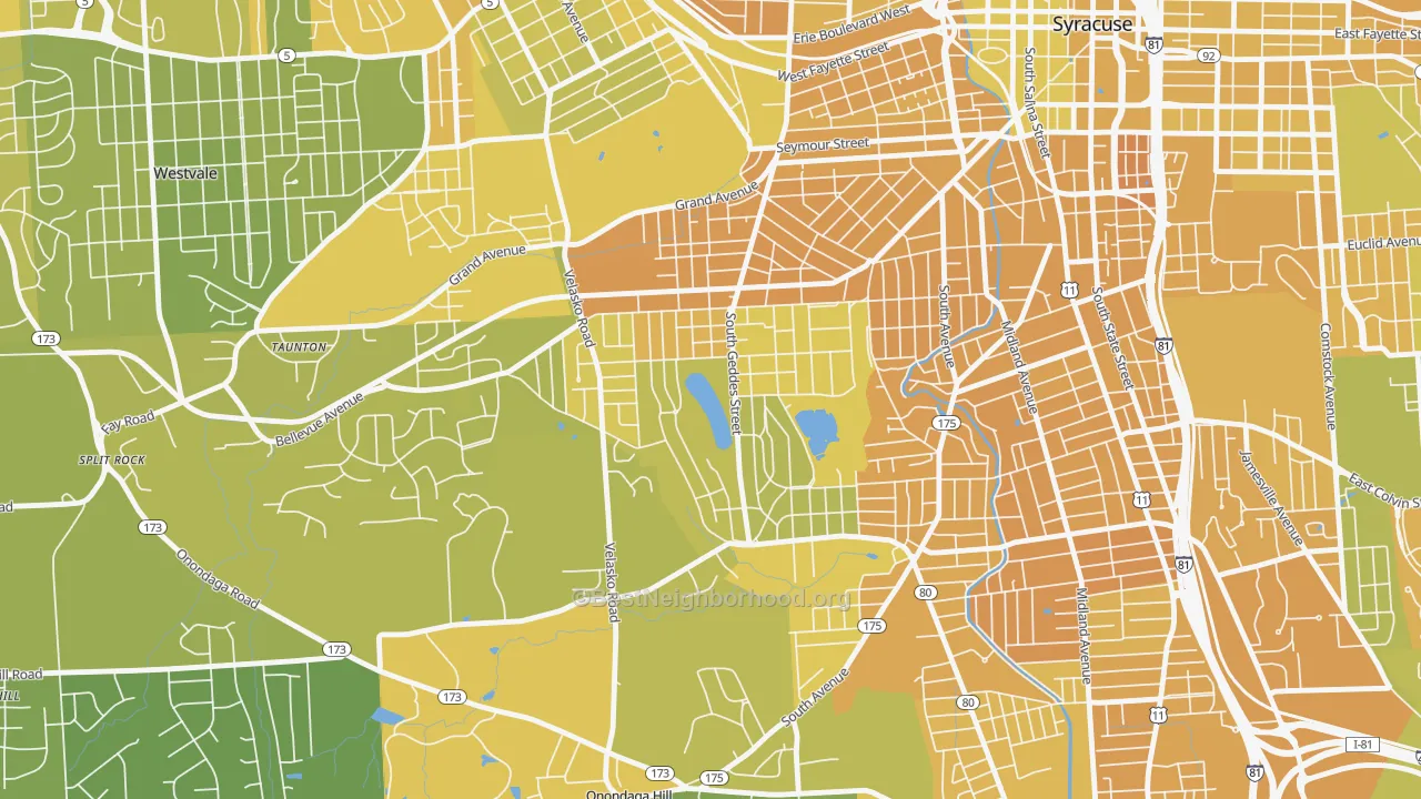 Map of the best neighborhoods in the Strathmore, Syracuse area, with better matches in green and worse matches in red