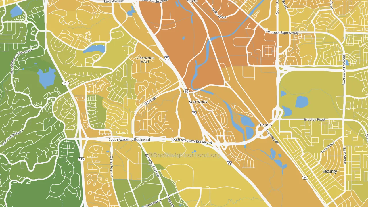 Map of the best neighborhoods in the Stratmoor area, with better matches in green and worse matches in red