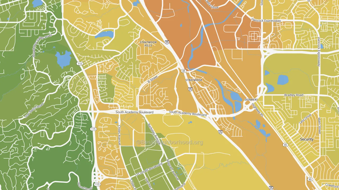 Map of the best neighborhoods in the Stratmoor Hills, Stratmoor area, with better matches in green and worse matches in red