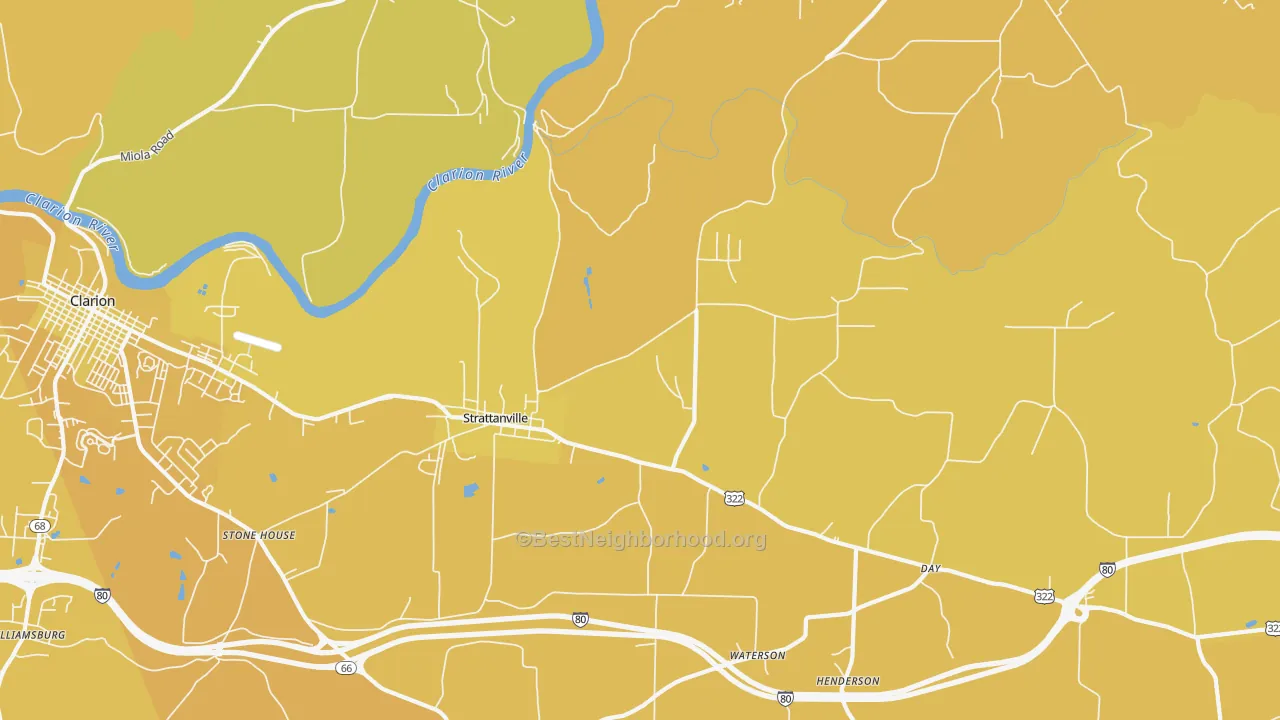 Map of the best neighborhoods in the Strattanville area, with better matches in green and worse matches in red