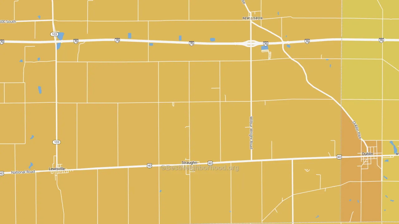 Map of the best neighborhoods in the Straughn area, with better matches in green and worse matches in red