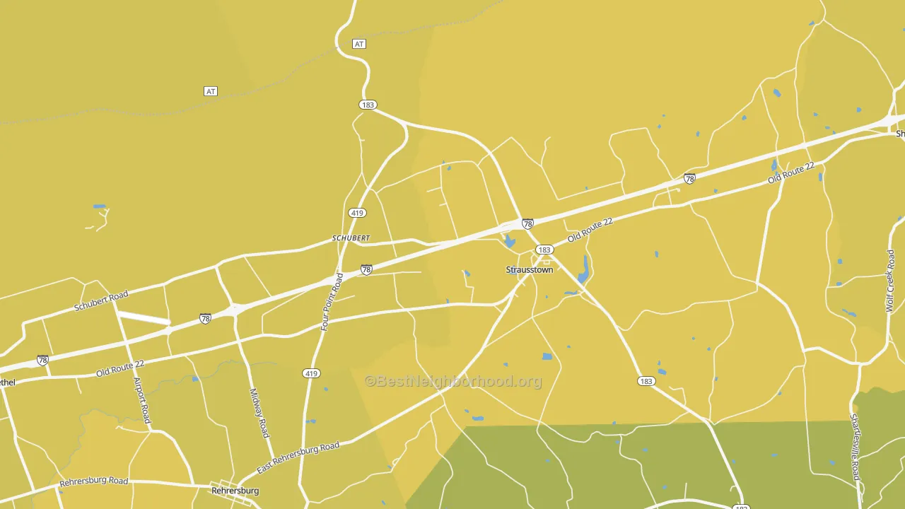 Map of the best neighborhoods in the Strausstown area, with better matches in green and worse matches in red