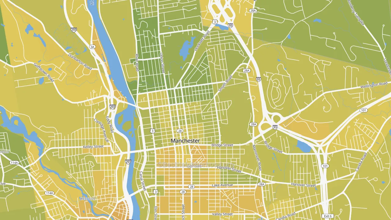 Map of the best neighborhoods in the Straw-Smyth, Manchester area, with better matches in green and worse matches in red