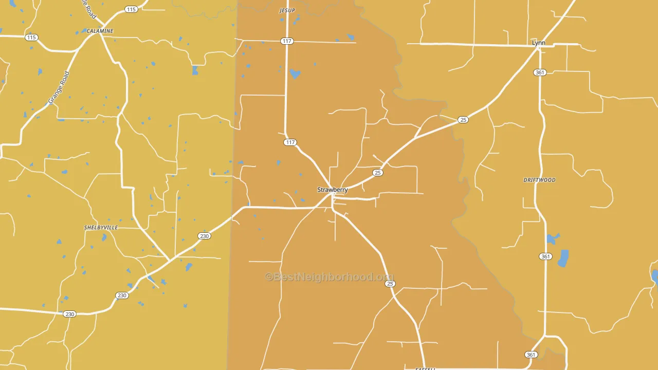 Map of the best neighborhoods in the Strawberry area, with better matches in green and worse matches in red
