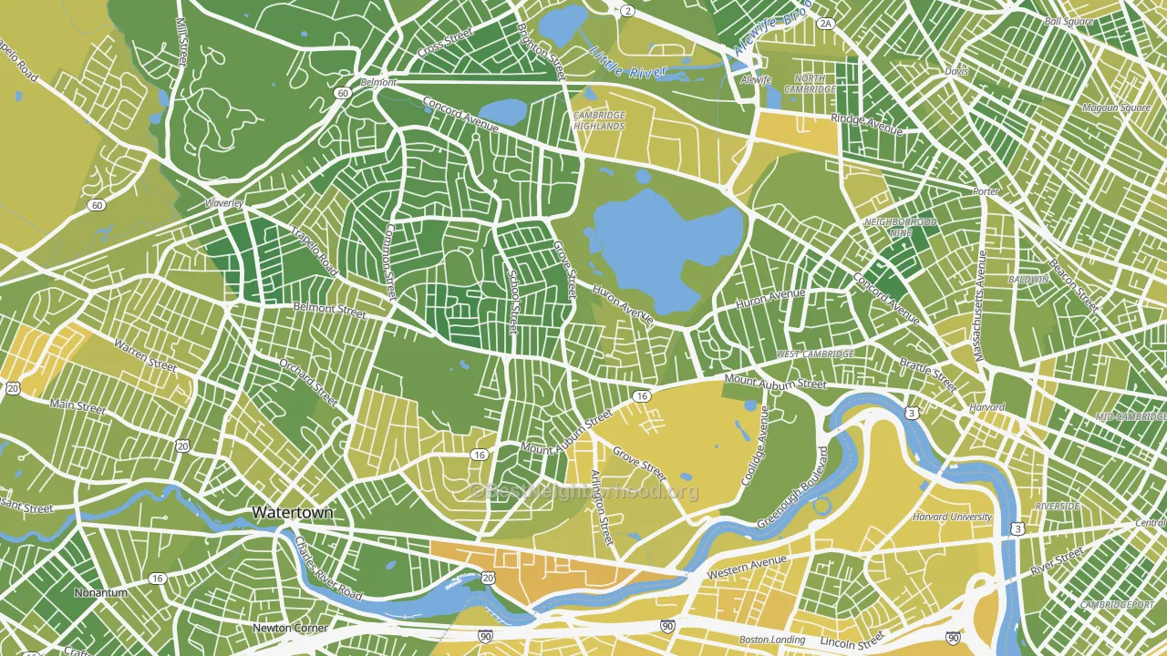 Map of the best neighborhoods in the Strawberry Hill, Cambridge area, with better matches in green and worse matches in red