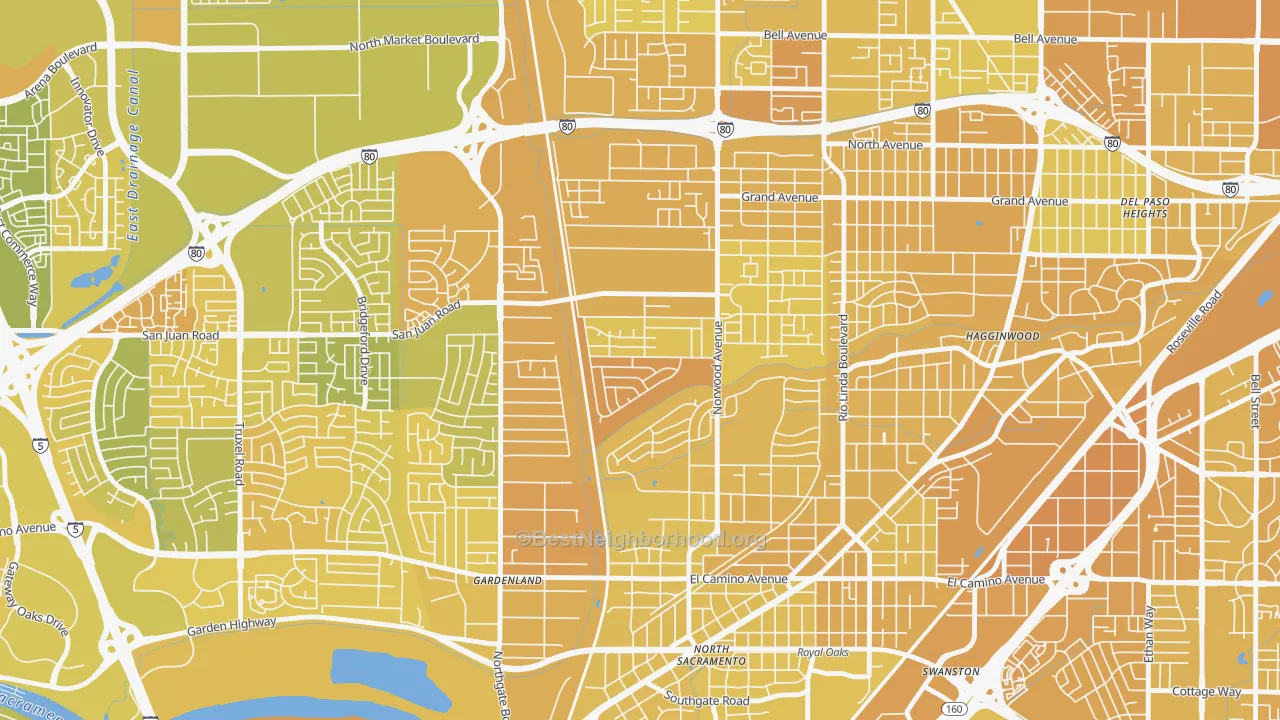 Map of the best neighborhoods in the Strawberry Manor, Sacramento area, with better matches in green and worse matches in red