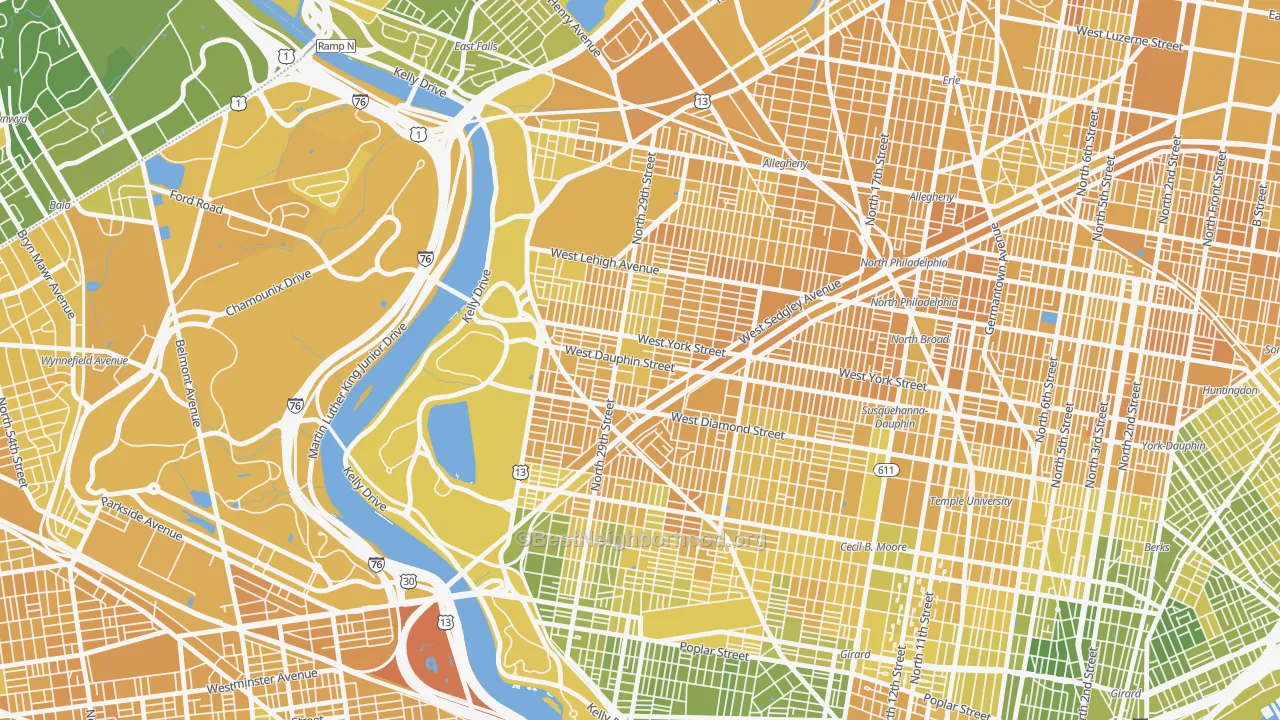 Map of the best neighborhoods in the Strawberry Mansion, Philadelphia area, with better matches in green and worse matches in red
