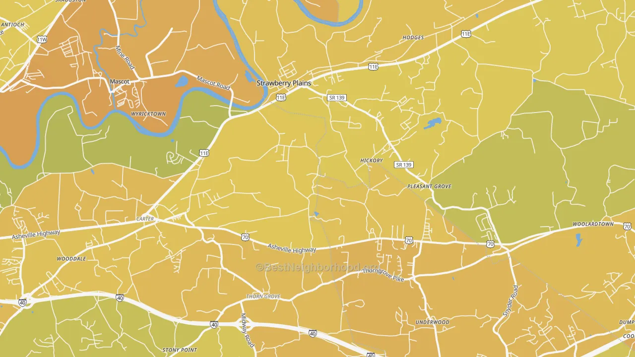 Map of the best neighborhoods in the Strawberry Plains area, with better matches in green and worse matches in red