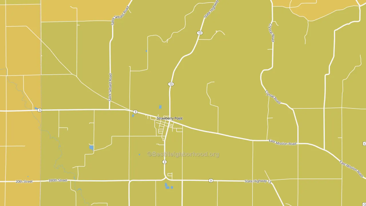 Map of the best neighborhoods in the Strawberry Point area, with better matches in green and worse matches in red