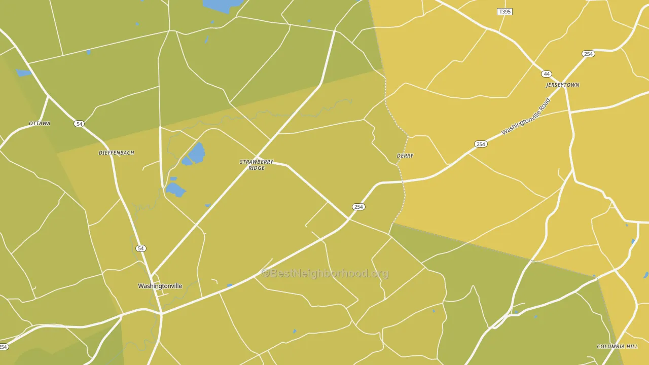 Map of the best neighborhoods in the Strawberry Ridge area, with better matches in green and worse matches in red