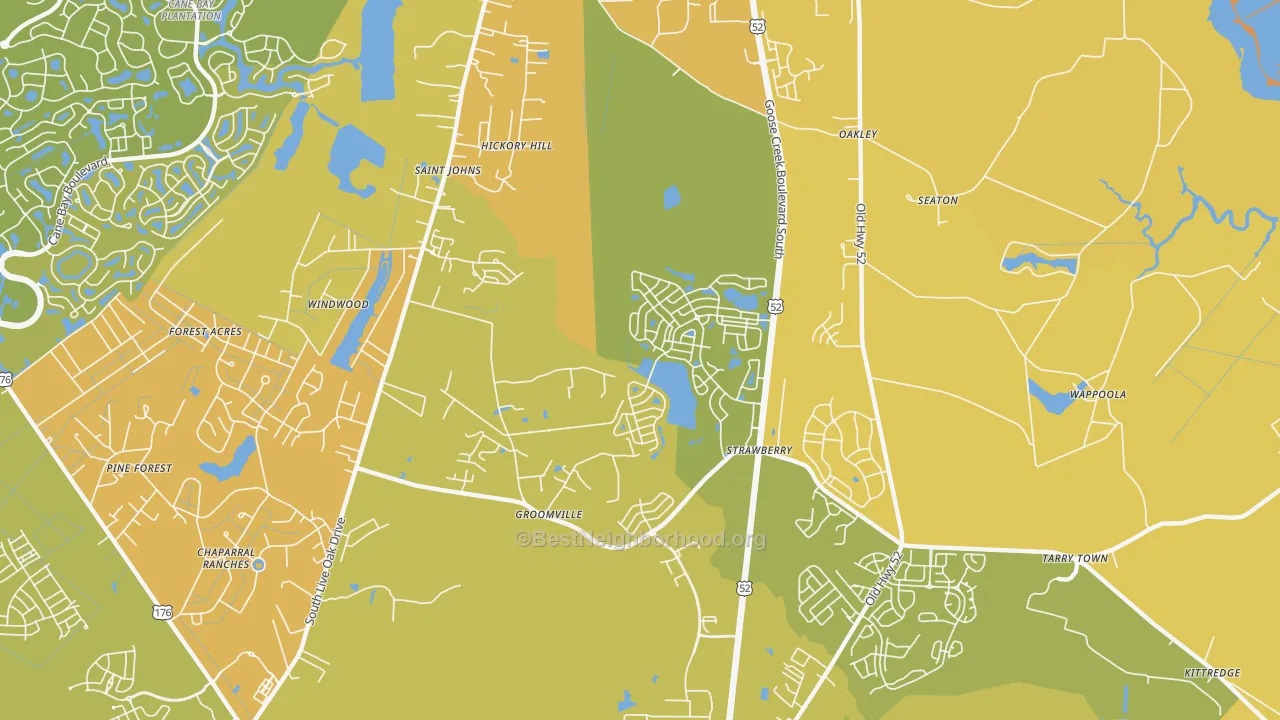 Map of the best neighborhoods in the Strawberry area, with better matches in green and worse matches in red