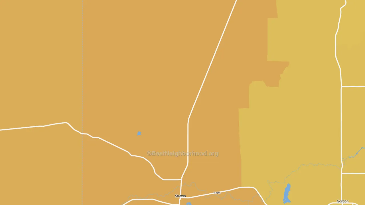 Map of the best neighborhoods in the Strawn area, with better matches in green and worse matches in red