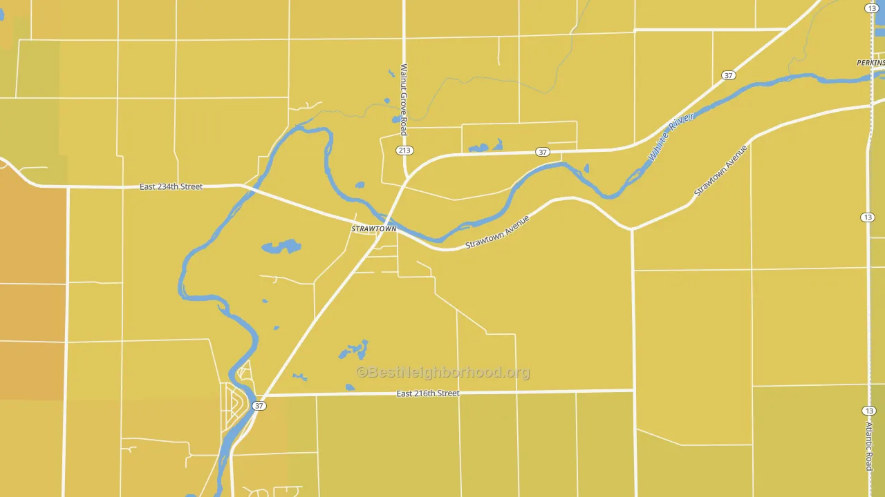 Map of the best neighborhoods in the Strawtown area, with better matches in green and worse matches in red
