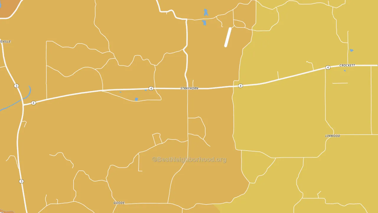 Map of the best neighborhoods in the Strayhorn area, with better matches in green and worse matches in red