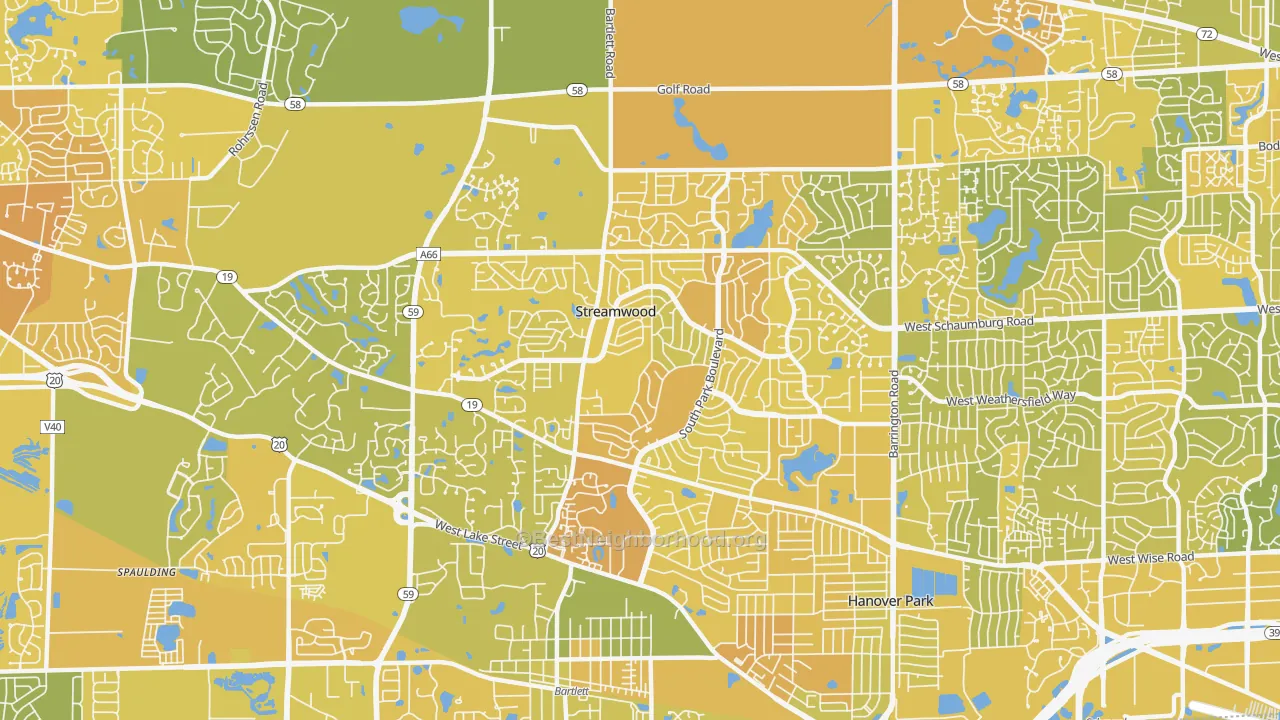 Map of the best neighborhoods in the Streamwood area, with better matches in green and worse matches in red