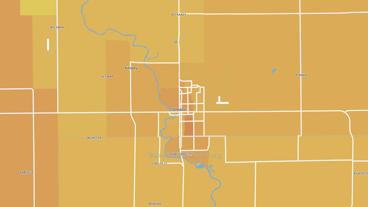 Map of the best neighborhoods in the Streator area, with better matches in green and worse matches in red