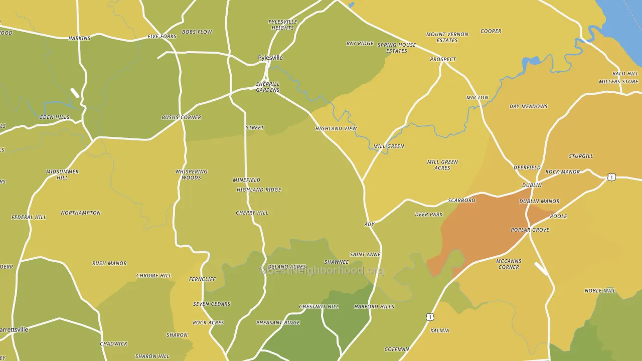 Map of the best neighborhoods in the Street area, with better matches in green and worse matches in red