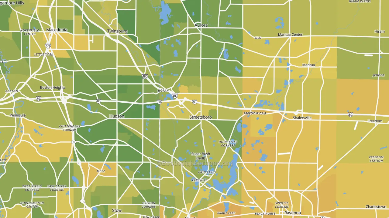 Map of the best neighborhoods in the Streetsboro area, with better matches in green and worse matches in red