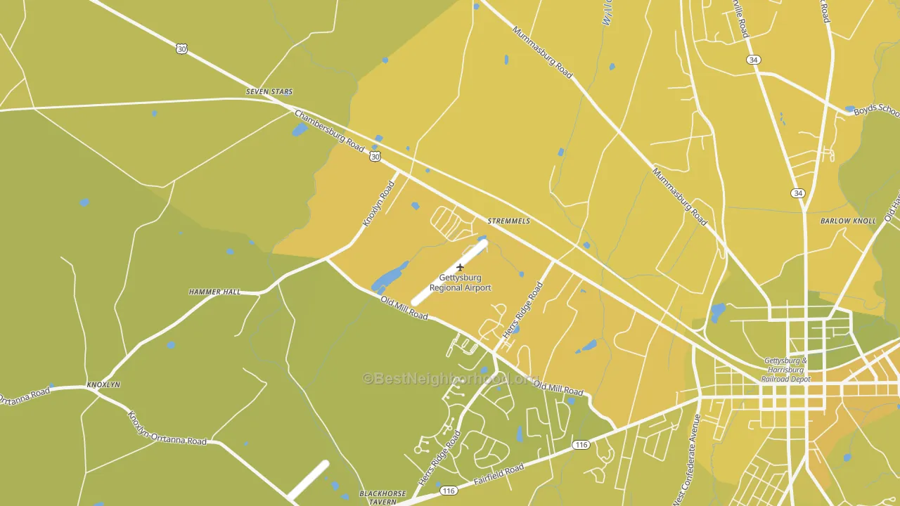 Map of the best neighborhoods in the Stremmels area, with better matches in green and worse matches in red