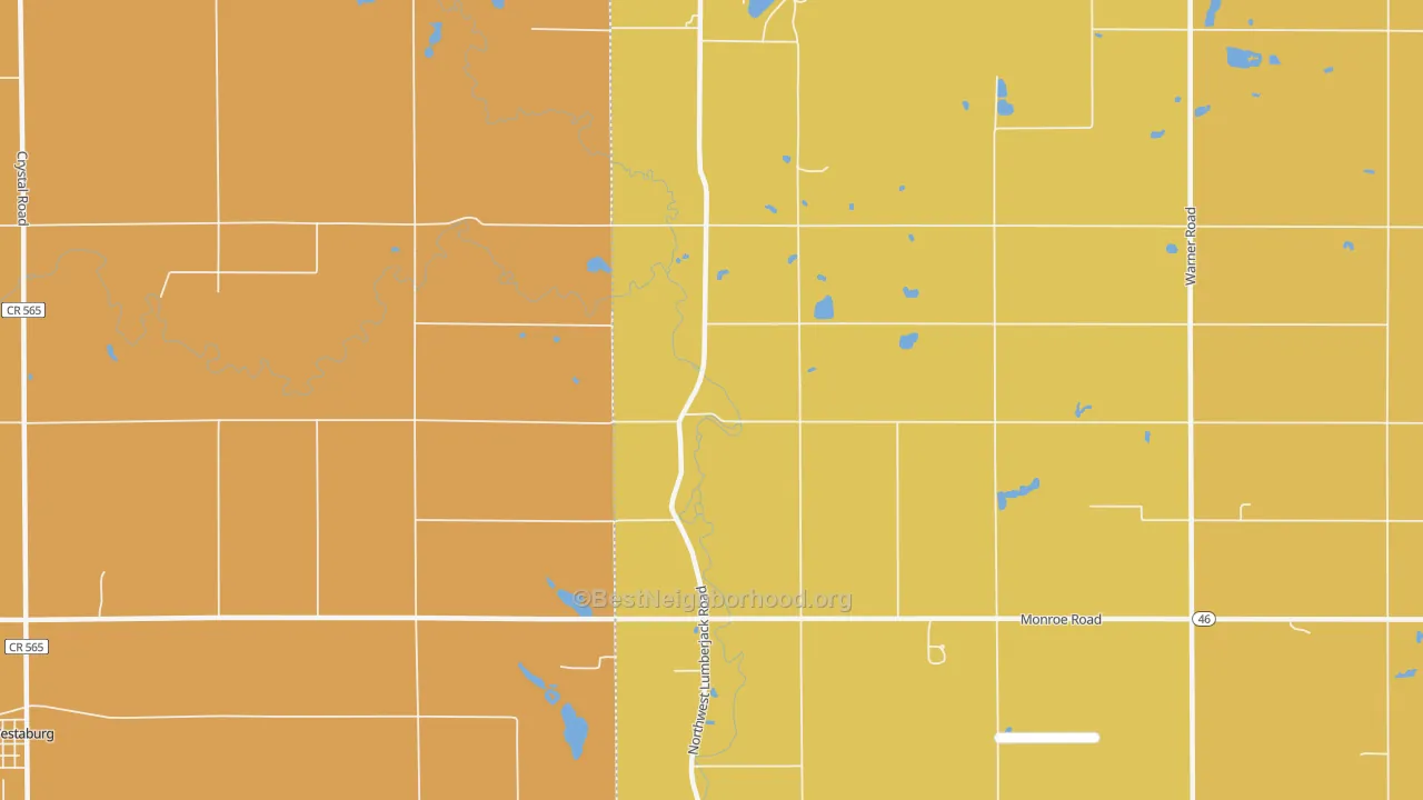Map of the best neighborhoods in the Strickland area, with better matches in green and worse matches in red