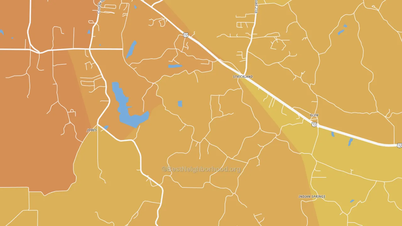 Map of the best neighborhoods in the Strickland area, with better matches in green and worse matches in red