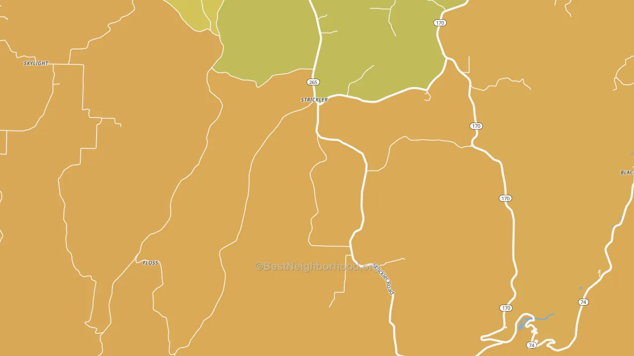 Map of the best neighborhoods in the Strickler area, with better matches in green and worse matches in red