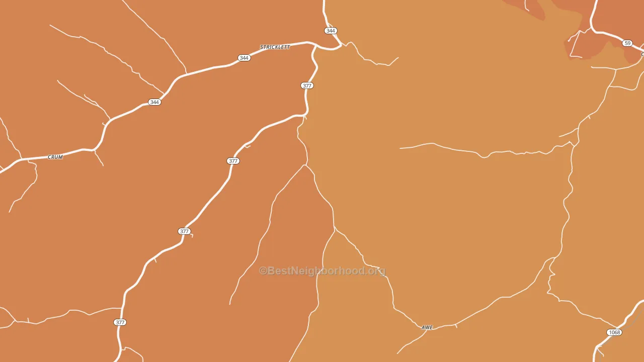 Map of the best neighborhoods in the Stricklett area, with better matches in green and worse matches in red